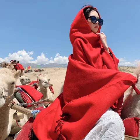 Vintage Ethnic Faux Cashmere Poncho Cape For Women Thick Warm Hooded Shawl Open Front Blanket Wrap For Winter Travel