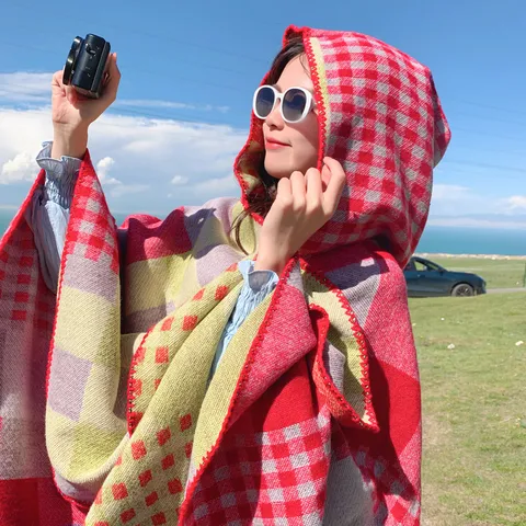 Vintage Ethnic Faux Cashmere Poncho Cape For Women Thick Warm Hooded Shawl Open Front Blanket Wrap For Winter Travel