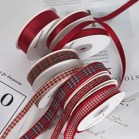 Burgundy Plaid Ribbon For Gift Wrapping Houndstooth Gingham Ribbon For DIY Crafts Floral Bouquet Baking Decoration British Style Decorative Tape