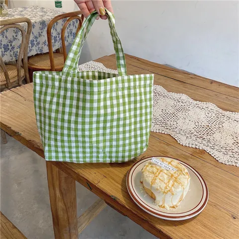 Mini Tote Bag Gingham Plaid Cotton Linen Portable Lunch Bag Casual Japanese Style Handbag For Women
