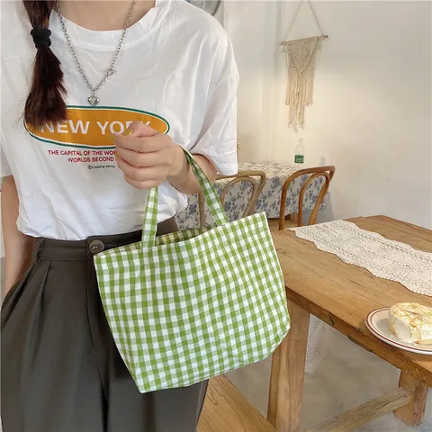 Bolso de Mano de Algodón y Lino a Cuadros Estilo Japonés Bolsa de Almuerzo Plaid Fresca Literaria Bolso de Compras Ligero Portátil para Estudiantes Mujeres Diario Casual Pequeño