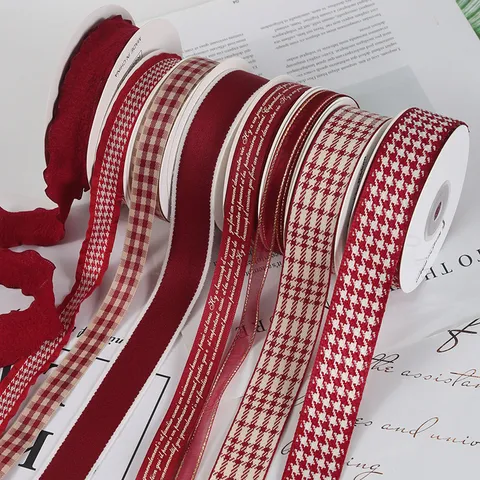 Burgundy Plaid Ribbon For Gift Wrapping Houndstooth Gingham Ribbon For DIY Crafts Floral Bouquet Baking Decoration British Style Decorative Tape