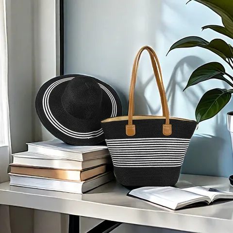 Borsa Tote in Paglia Intrecciata di Grande Capacità da Donna e Set Cappello da Sole Strisce Francesi Borsa a Tracolla Vacanza Mare