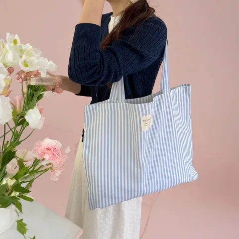 Bolso Tote de Lona Rayado Fresco y Dulce Gran Capacidad Bolso de Hombro para Viaje Diario Bolso de Hombro Individual para Mujeres Diario Campus Bolso de Mano