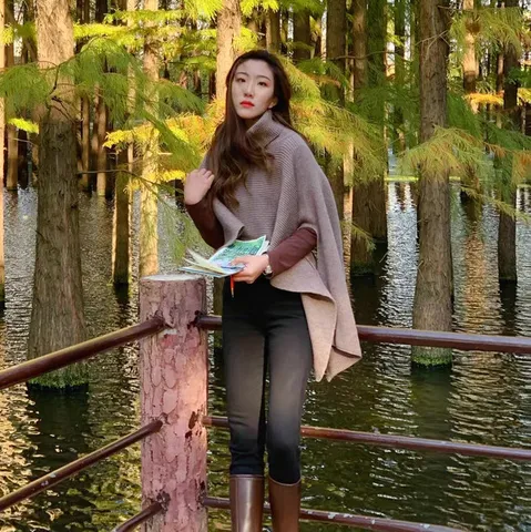 Scialle in Maglia Irregolare a Collo Alto Stile Coreano da Donna con Maniche Tinta Unita Maglione Poncho in Acrilico