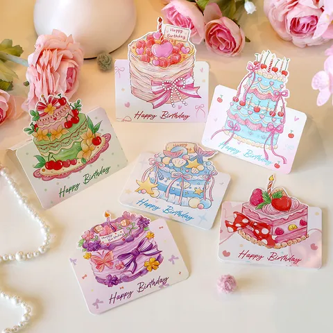 Tarjetas de Felicitación 3D Pastel de Cumpleaños de Acuarela de Dibujos Animados Tarjeta de Mensaje Creativa Pop-up Para Floristería Regalo de Cumpleaños Papelería