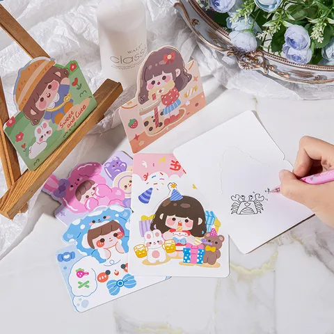 Lindas Tarjetas Felicitación Cumpleaños Chica Dibujos Animados Juego Sobres Tarjetas Mensajes Papel Impreso Para Celebración Fiesta