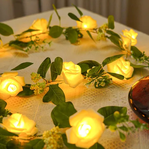Guirlande Lumineuse LED Rose Fleur Artificielle Fil Blanc Chaud Fonctionne à Piles Romantique Chambre Fête Mariage Décoration