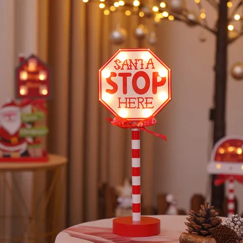 Christmas LED Decorative Light Wooden Santa Stop Here Sign Standing Festive Atmosphere Desktop Table Sign Decor Ornament