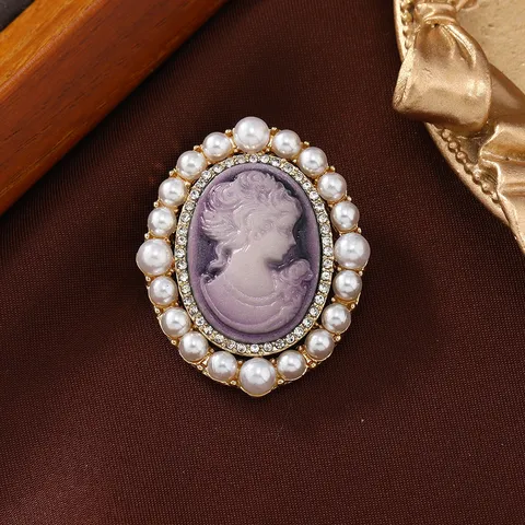 Vintage Cameo Alloy Simulated Pearl Rhinestone Portrait Brooch Pin For Women
