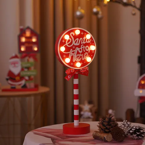 Christmas LED Decorative Light Wooden Santa Stop Here Sign Standing Festive Atmosphere Desktop Table Sign Decor Ornament