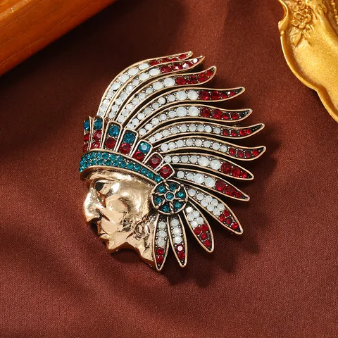 Vintage Homme Chef Indien Broche Alliage de Zinc Strass Épinglette Rétro Costume Badge Décoratif Bijoux de Mode Cadeau