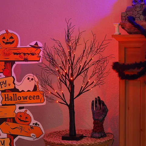 Halloween LED Baumlicht Schwarzer Korallenzweig Beleuchteter Baum Lampe Mit Orangenen LED Perlen Für Innen Party Zuhause Dekor Batterie USB Betrieben Umgebungsbeleuchtung