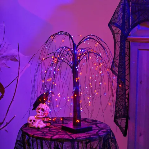Halloween Christmas LED Simulation Willow Tree Light Purple Orange Decorative Tabletop Night Light For Bedroom Party Decor
