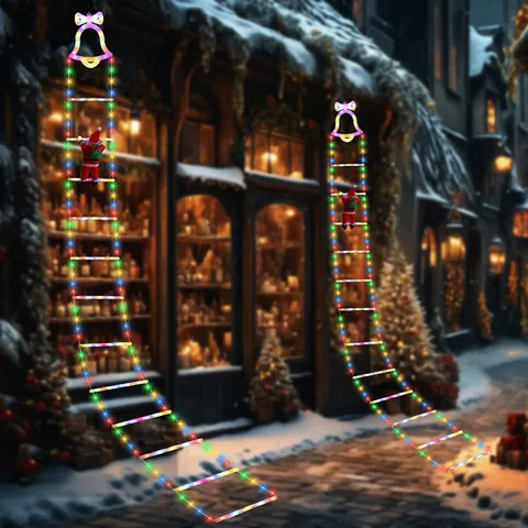 Christmas Ladder Lights With Santa Claus Climbing And Bell LED String Lights Waterproof Outdoor Holiday Party Home Decoration