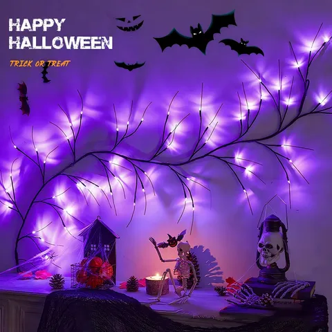 Halloween LED Willow Vine Branch Light Purple Bat Spider Pumpkin Garland String Light Waterproof Holiday Party Decor
