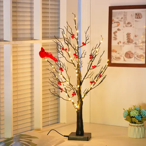 LED Red Bird Tree Light Warm White Battery USB Powered Artificial Branch Light for Holiday Party Decoration