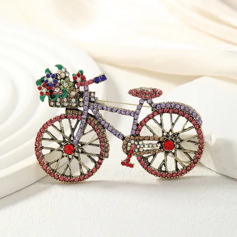 Vintage Alloy Rhinestone Bicycle Brooch Colorful Flower Basket Pin Retro Fashion Jewelry For Women Coat Hat Accessory
