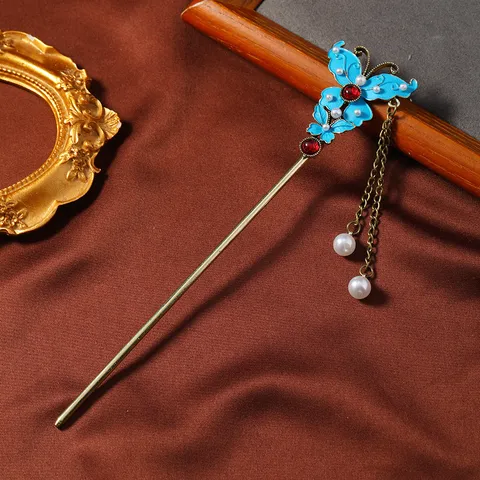 Forcina per Capelli a Forma di Fiore Stile Cinese Vintage in Lega Strass Perla Artificiale con Nappa Accessorio per Capelli Hanfu da Donna