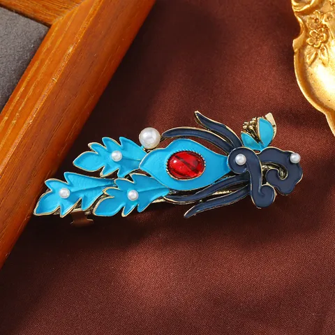 Vintage-Palast-Stil Emaille Haarspange Für Frauen Chinesischer Retro Künstliche Perle Strass Federclip Haarschmuck