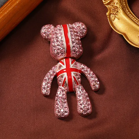 Fashion Cute Teddy Bear Brooch Pin Rhinestone Enamel Union Jack Flag Design Elegant Suit Coat Jacket Lapel Jewelry