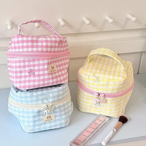 Korean Style Plaid Bow Handheld Makeup Bag Large Capacity Canvas Cosmetic Storage Case Portable Travel Toiletry Organizer For Women
