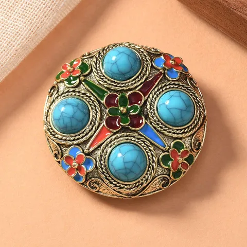 Vintage Alloy Round Brooch For Women Men Enamel Faux Turquoise Chinese Style Anti Exposure Clothing Safety Pin Jewelry Gift