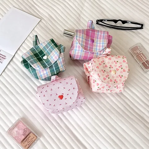 Fresh Macaron Color Canvas Quilted Storage Bag Portable Flip Coin Purse For Women Mini Cosmetic Bag Sanitary Napkin Organizer Pouch