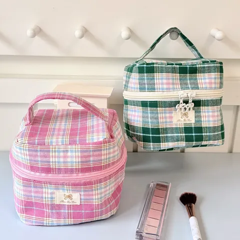 Ins Style Fresh Plaid Cylinder Handheld Makeup Bag Large Capacity Travel Toiletry Wash Organizer Canvas Cosmetics Storage Bag For Women
