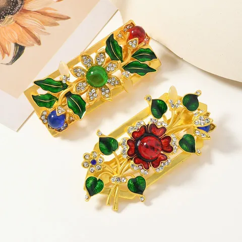 Pince à Cheveux Ajourée Style Chinois Vintage Or Mat Fleur en Émail Strass Pince Latérale pour Femme Accessoires Cheveux Hanfu Qipao