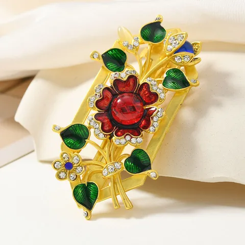 Pince à Cheveux Ajourée Style Chinois Vintage Or Mat Fleur en Émail Strass Pince Latérale pour Femme Accessoires Cheveux Hanfu Qipao