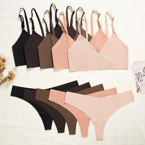 Damen Sexy V-Ausschnitt Seamless Bügelloser BH und Höschen Set Bequemes Push-Up Lingerie Set Sommer Dünne Unterwäsche