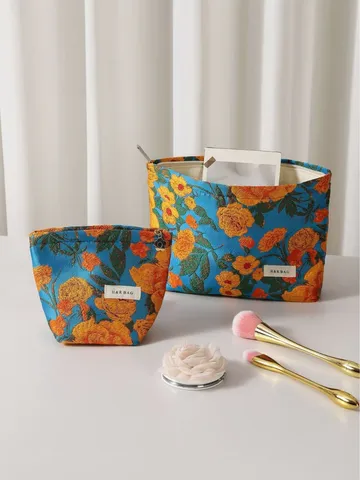 Borsa Per Cosmetici Vintage Jacquard Floreale Portatile Toiletry Storage Bag Pochette Trucco In Tela Da Donna