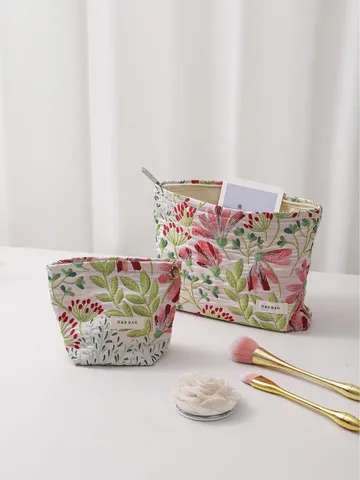 Fresh Canvas Cosmetic Bag Jacquard Yarn Dyed Flower Makeup Toiletry Organizer Zipper Pouch Women Travel Daily Storage