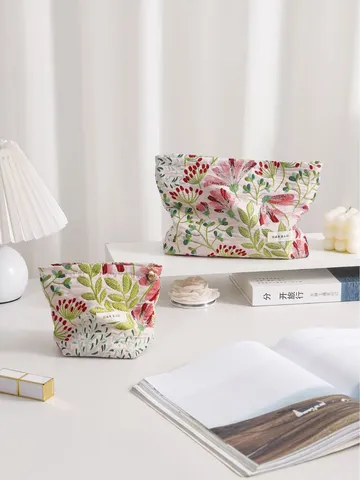Fresh Canvas Cosmetic Bag Jacquard Yarn Dyed Flower Makeup Toiletry Organizer Zipper Pouch Women Travel Daily Storage