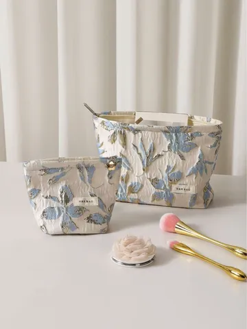 Floral Jacquard Canvas Cosmetic Bag Large Capacity Portable Makeup Pouch With Zipper For Women Travel Daily Organizer Storage Bag