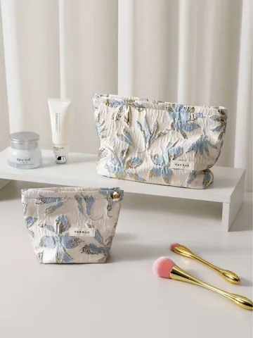 Floral Jacquard Canvas Cosmetic Bag Large Capacity Portable Makeup Pouch With Zipper For Women Travel Daily Organizer Storage Bag