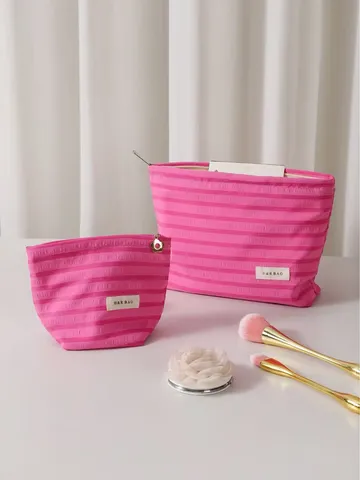 Bolsa de Cosméticos de Lona con Contraste de Color de Nicho Organizador de Maquillaje Rayado de Gran Capacidad Neceser de Viaje Portátil Bolsa de Almohada