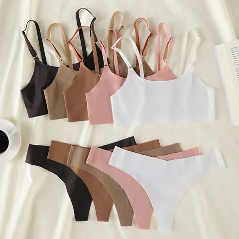 Women Seamless Ice Silk Underwear Set Sexy Low Waist Thong Wireless Gathered Back Beauty Bra Set