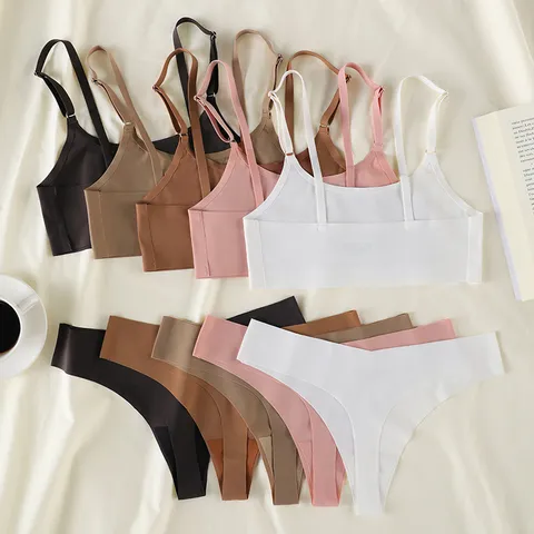 Women Seamless Ice Silk Underwear Set Sexy Low Waist Thong Wireless Gathered Back Beauty Bra Set