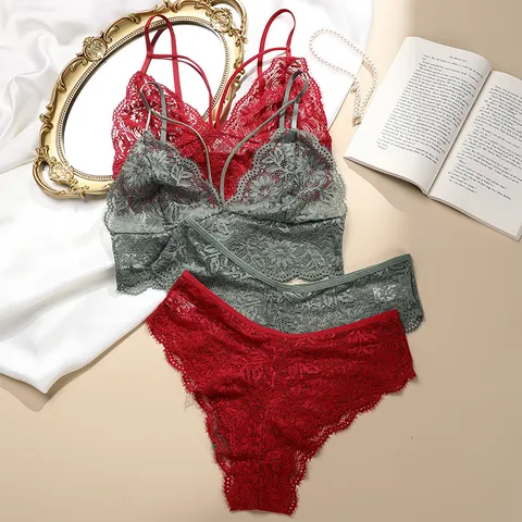 Damen Sexy Französische Spitzen BH und Höschen Set Rückenfrei V-Ausschnitt Lingerie