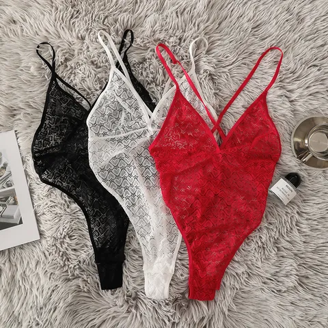 Women Sexy Lace Bodysuit Erotic Deep V Backless Sheer Lingerie Open Crotch Sleeveless Slim Fit One-Piece Underwear