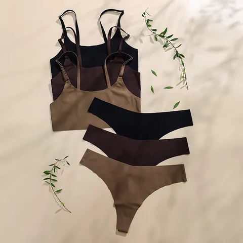 Women's Seamless Wireless Thin Lingerie Set Sexy Low Waist Thong Briefs Push Up Bralette Comfortable Breathable Underwear