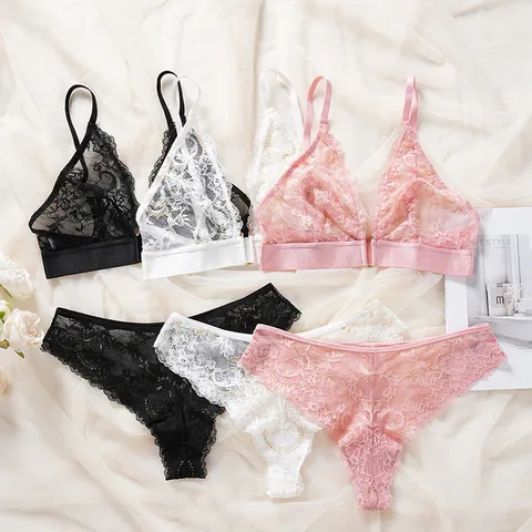 Women's French Thin Lace Sexy Lingerie Set Wireless Front Buckle Bra And Panties Underwear Breathable Comfort Bra Set