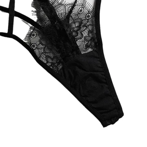 Ensemble Lingerie Dentelle Sexy Femme Transparent Ajouré Body Halter Bretelle Ajustable String Vêtements Nuit Sous-vêtement
