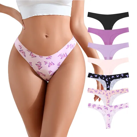 Women's Seamless Ice Silk Butterfly Print Thong Low Waist Breathable Sexy Invisible Panties Yoga Sports Underwear