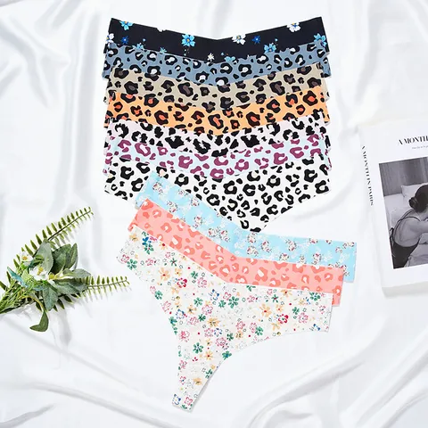 Women's Sexy Low Waist Seamless Ice Silk Thong Floral Leopard Print Breathable Yoga Sports Panties