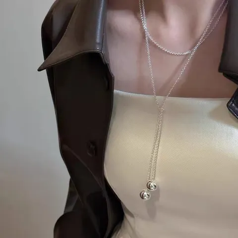 Collier Long Minimaliste en Alliage avec Double Boule pour Femmes Chaîne de Pull Polyvalente Chaîne de Taille Bijoux de Mode