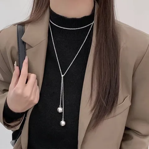 Collier Long Minimaliste en Alliage avec Double Boule pour Femmes Chaîne de Pull Polyvalente Chaîne de Taille Bijoux de Mode