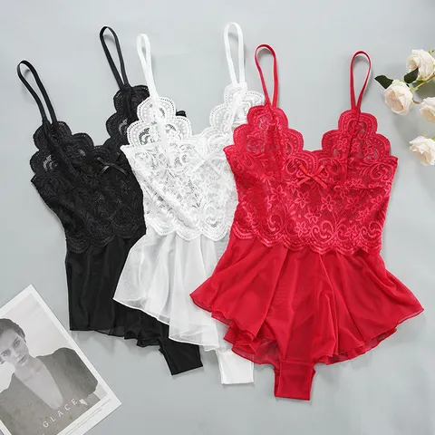 Women's Sexy French Lace Mesh Transparent Babydoll Nightgown V-Neck Sleeveless Lingerie Set Sleepwear